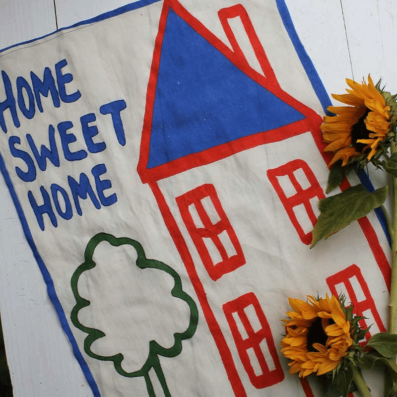 Home Sweet Home Embroidered Tea Towel, 50 x 70cm, Blue/White