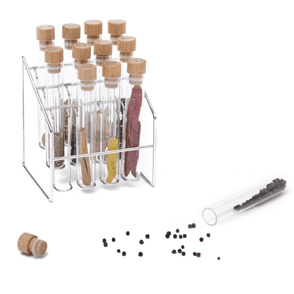 Spice lab rack, H21 x W14.5 x D12.5cm, Glass/Steel/Beech