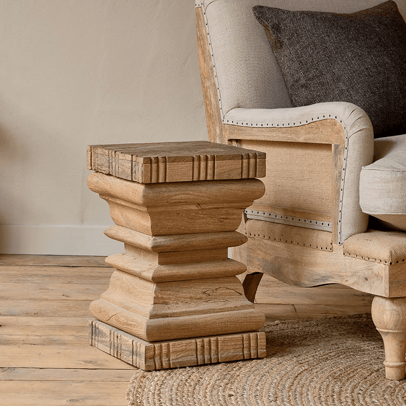 Disha Carved Mango Wood Side Table, Natural