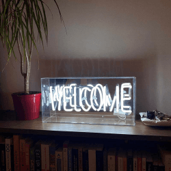 Image showing the Neon Box Welcome Glass Sign, H38 x W19cm, White product.