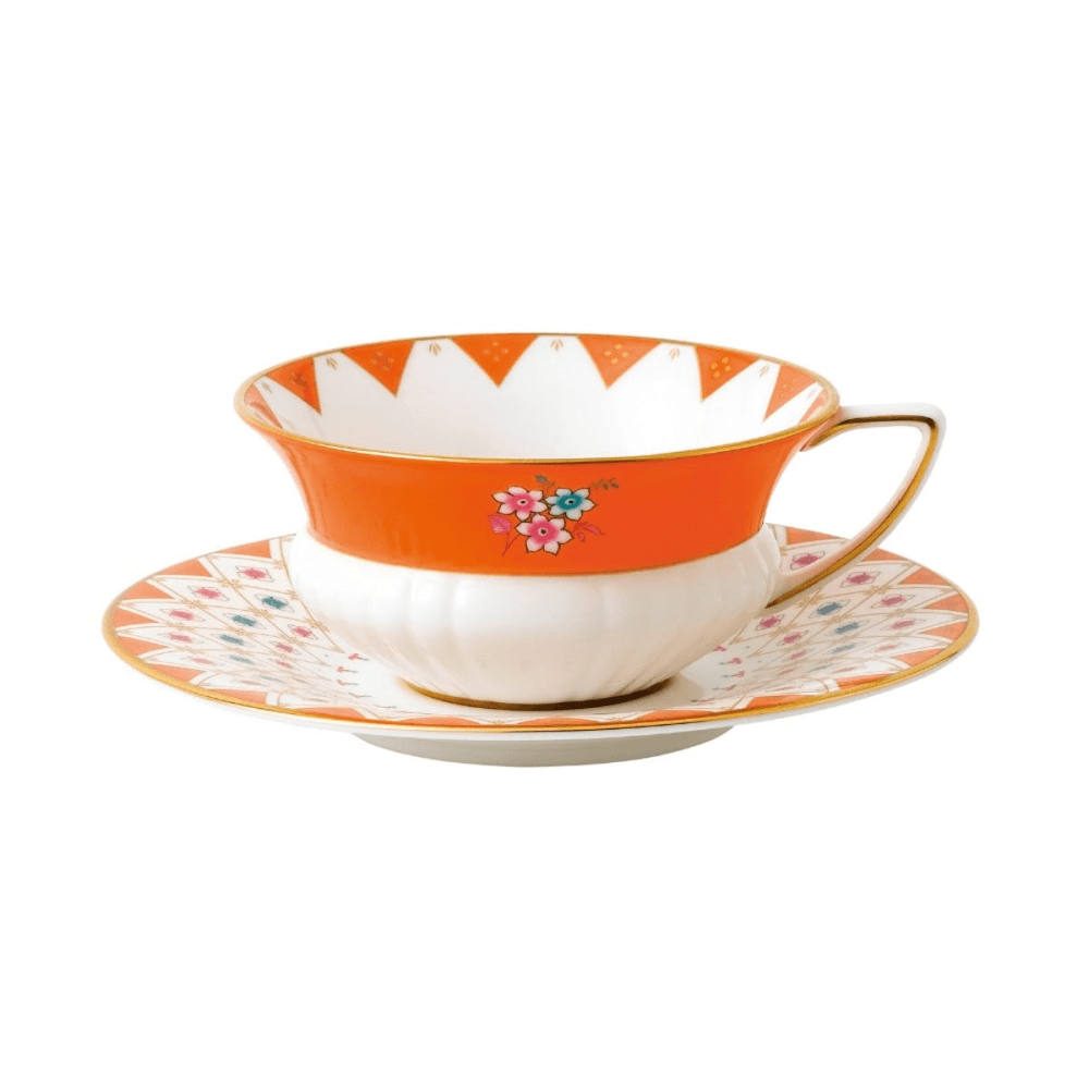 Wonderlust - Peony Teacup and saucer diamond, 15cl, Orange/White
