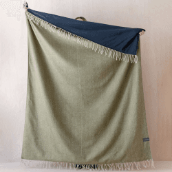 Image showing the Recycled Wool Picnic Blanket with Brown Leather Carrier, 145 x 190cm, Olive Herringbone product.