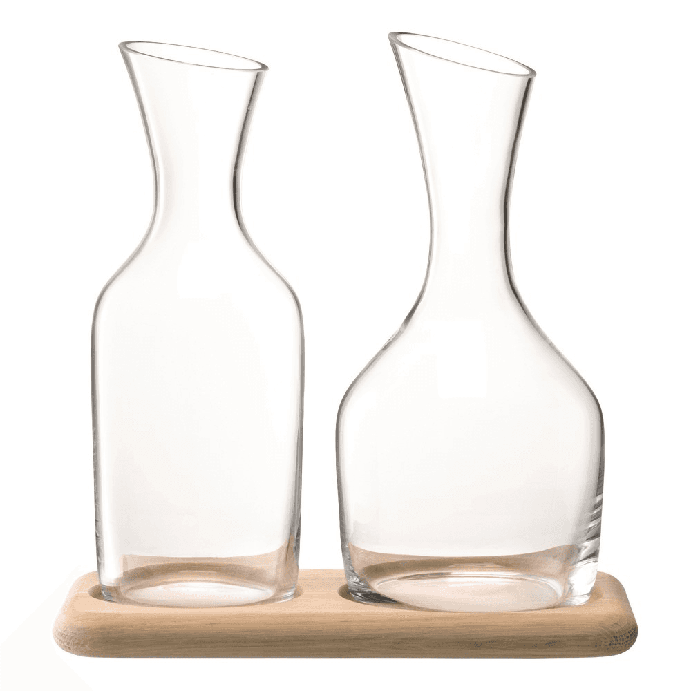 Wine Carafe set, 1.2 litre, clear glass with oak base