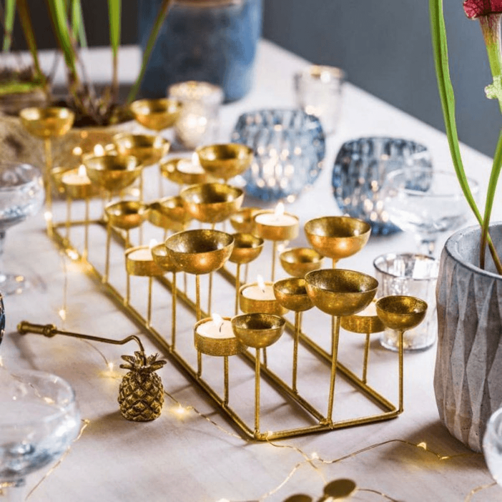 Multi tea light holder, L56 x D13cm, Gold