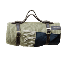 Image showing the Recycled Wool Picnic Blanket with Brown Leather Carrier, 145 x 190cm, Olive Herringbone product.
