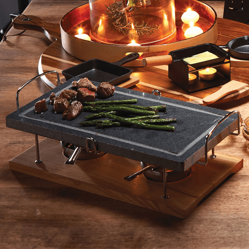Hot stone grill set, 42 x 22 x 15cm, marble with wooden base