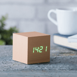 Image showing the Cube Click Clock Beech/ Green LED, 6.8cm product.