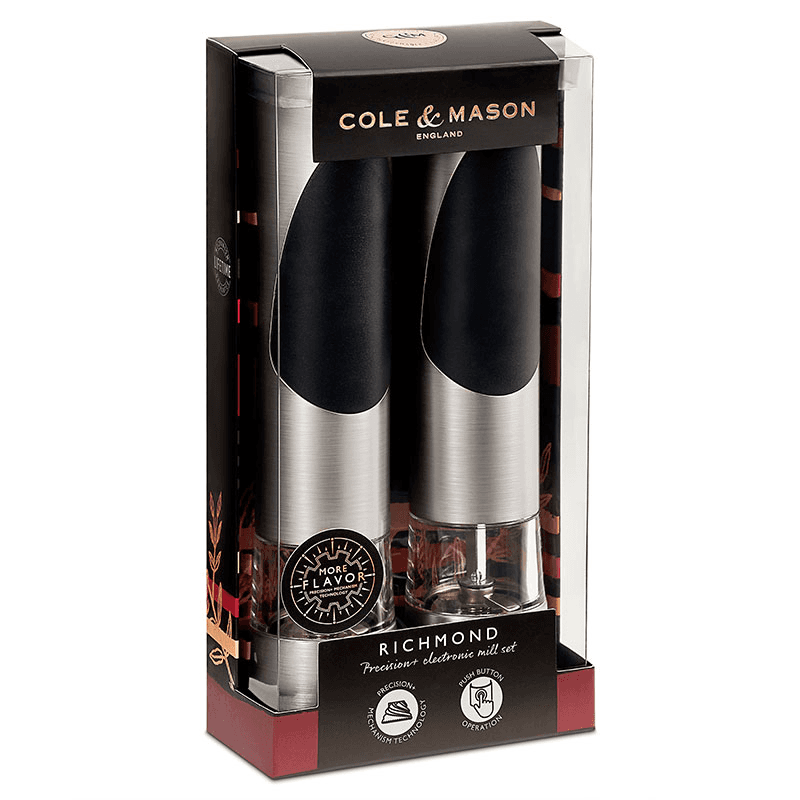 Richmond Electric Salt & Pepper Mill Set, 21cm, Brushed Metal
