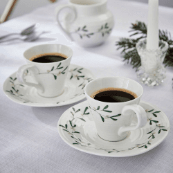 Image showing the Mistletoe Pair of espresso cup & saucers, 80ml, White/ Green product.