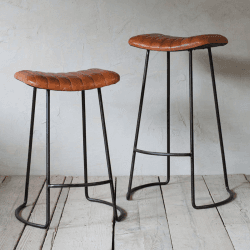 Image showing the Narwana Ribbed Leather Stool, H75cm, Aged Leather and Iron product.