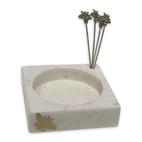 Bee Set of 4 Olive Picks and Holder, L12.5x W12.5 x H13cm, White