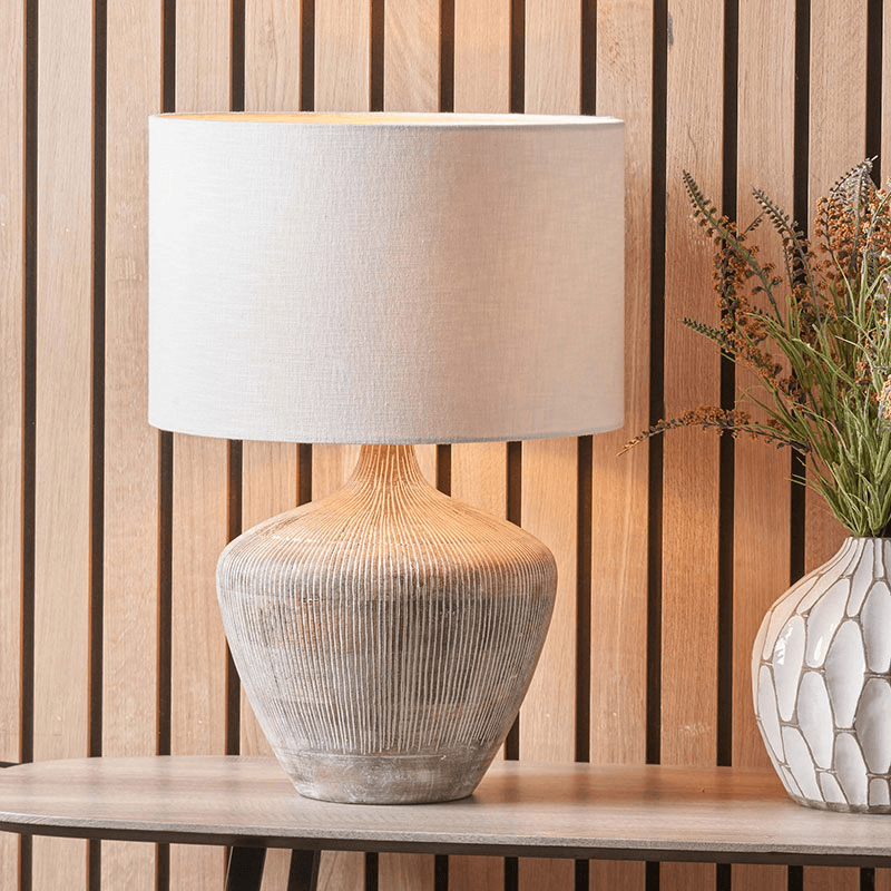 Manaia Textured Table Lamp With Linen Drum Shade, H35cm, White Wash