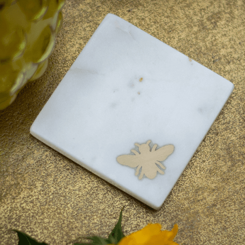 Bee Set of 4 Coasters, L10cm x W10cm, White