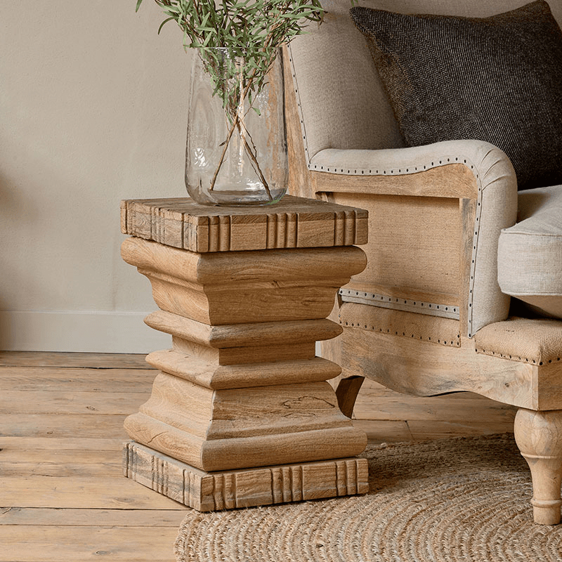 Disha Carved Mango Wood Side Table, Natural