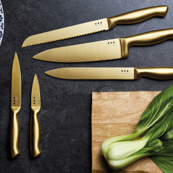 Image showing the Knife block with 5 knives, H37cm, Black/Brass product.