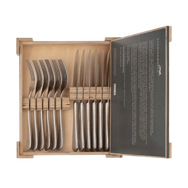 Planish 12 Piece Steak Set, Hammered Satin Finish
