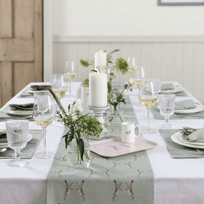 Boxing Hares Table Runner, 35 x 280cm, Duck Egg Grey