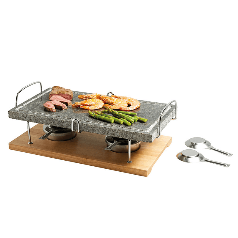 Hot stone grill set, 42 x 22 x 15cm, marble with wooden base