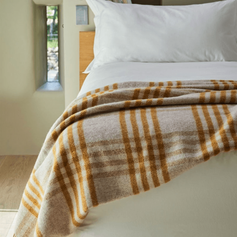 Hex Check Pure New Wool Throw, 150 x 240cm, English Mustard