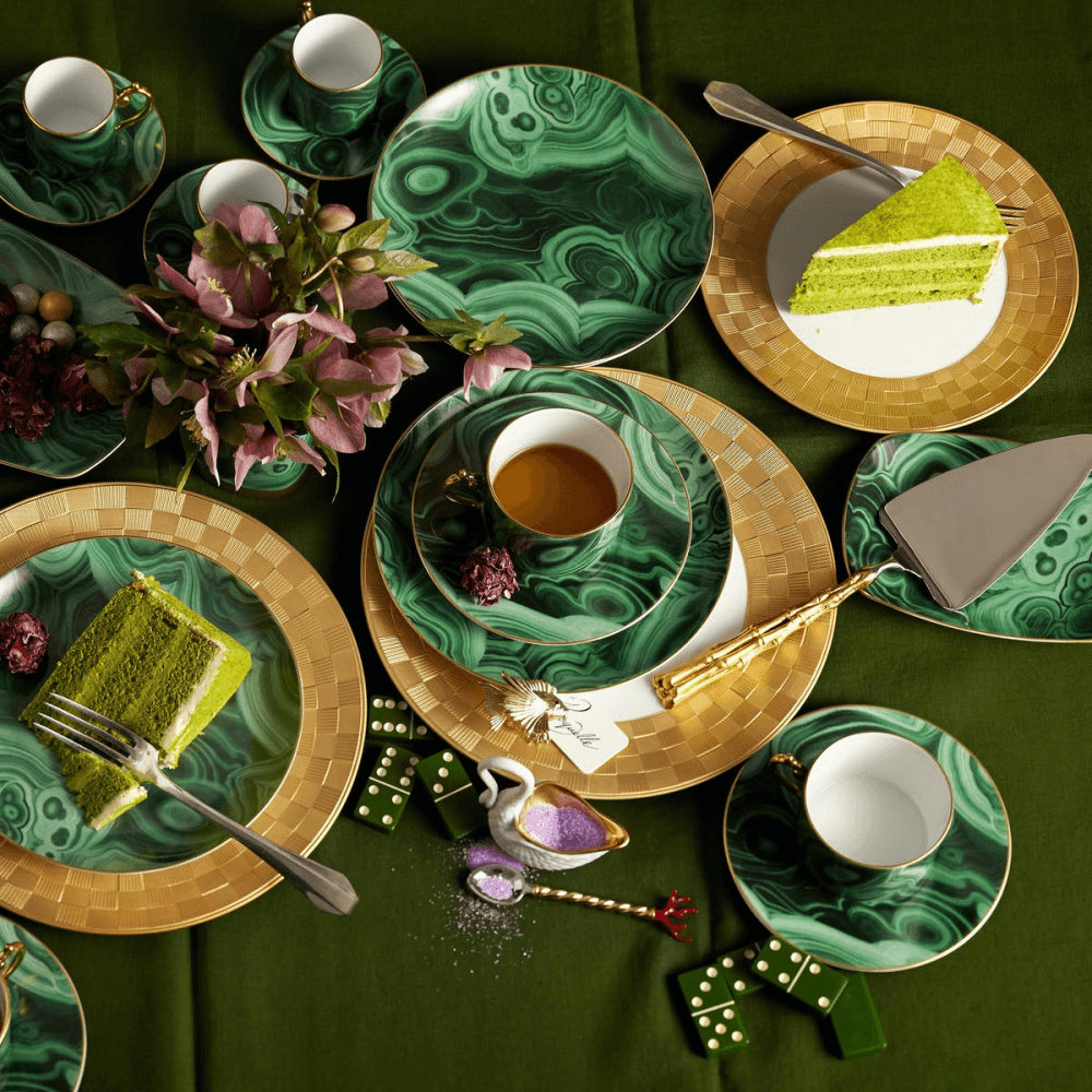Malachite Teacup & Saucer, Set of 2