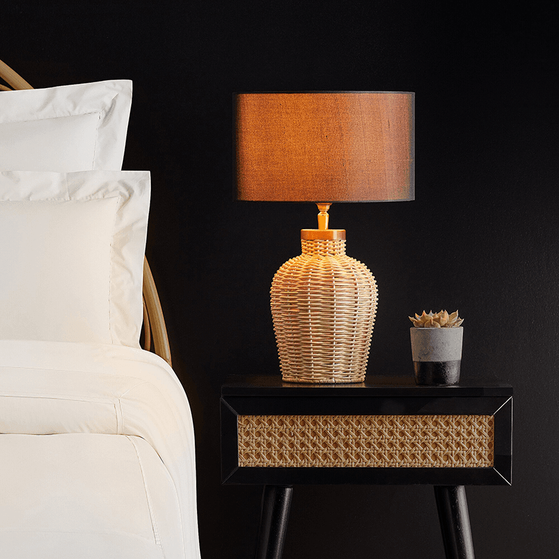 Rattle Small Table Lamp Base Only, H28cm x W15cm, Natural Rattan and Antique Brass