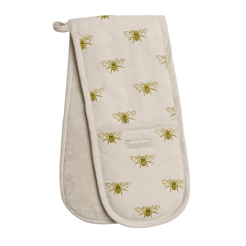 Bees Linen Double Oven Glove, Natural, Yellow