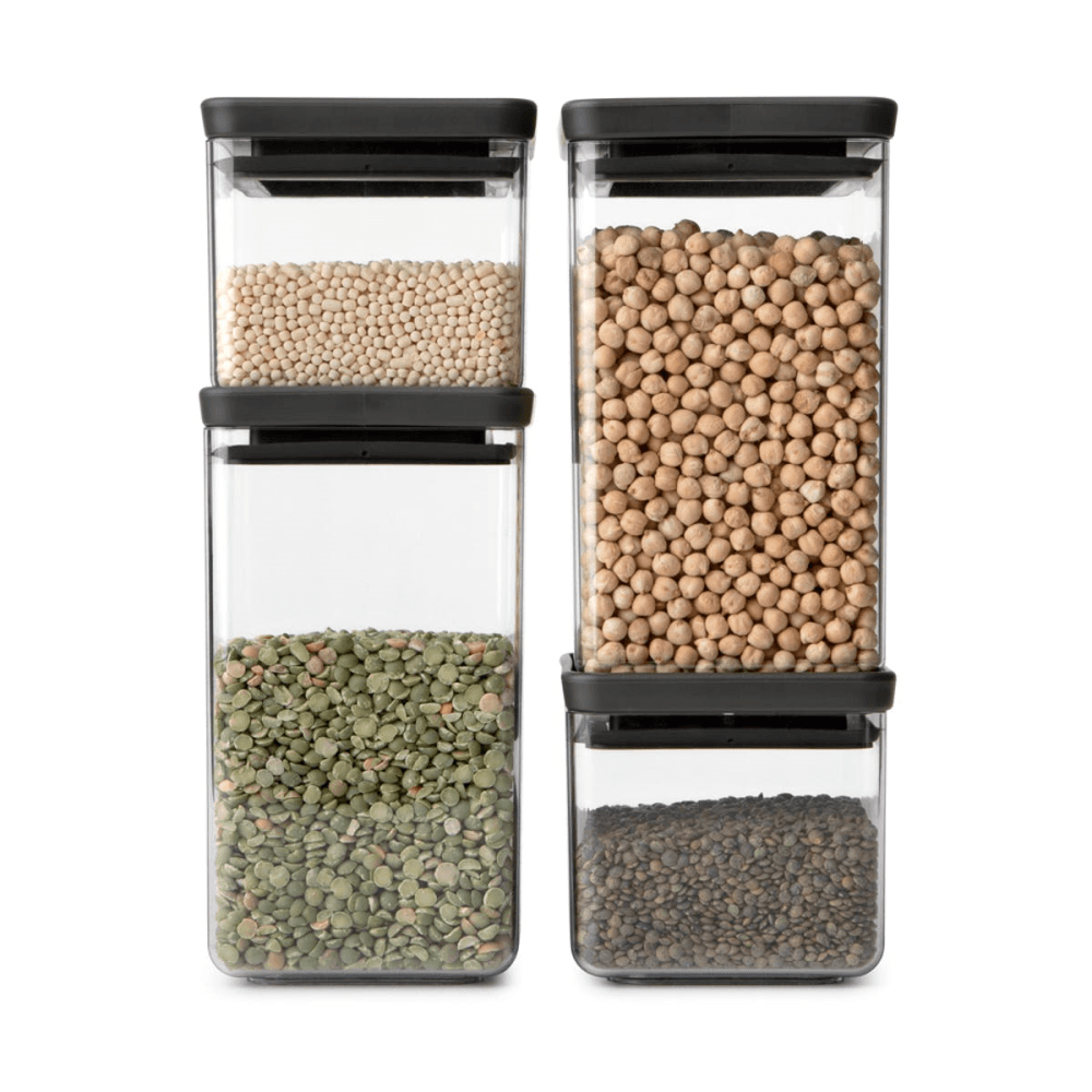 Tasty+ Stackable Square Canisters, Set of 4, Light Black Lids