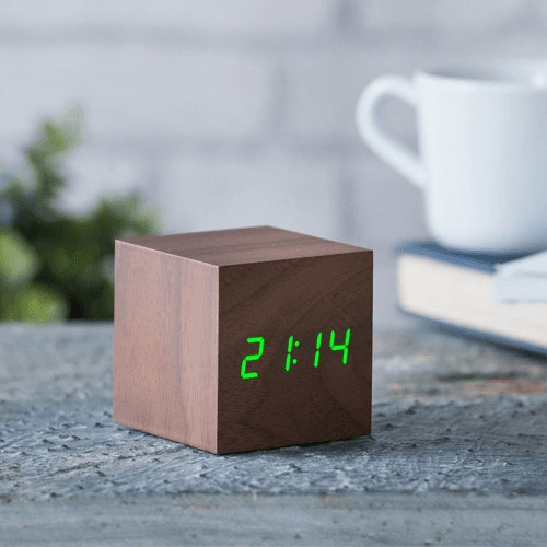 Cube Click Clock, L6.8 x W6.8 x H6.8cm, Walnut/Green