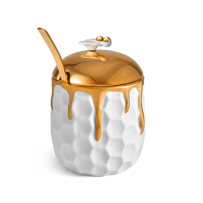 Beehive Honeypot, 230ml, White & Gold