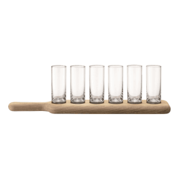 Image showing the Paddle Set of 6 vodka glasses with oak paddle, 40cm, clear product.