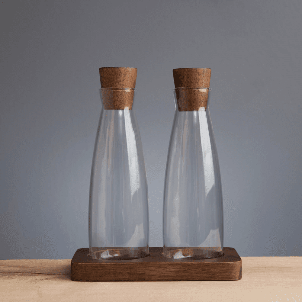 Oil & vinegar set, L14 x W7 x H17cm, Acacia Wood / Glass