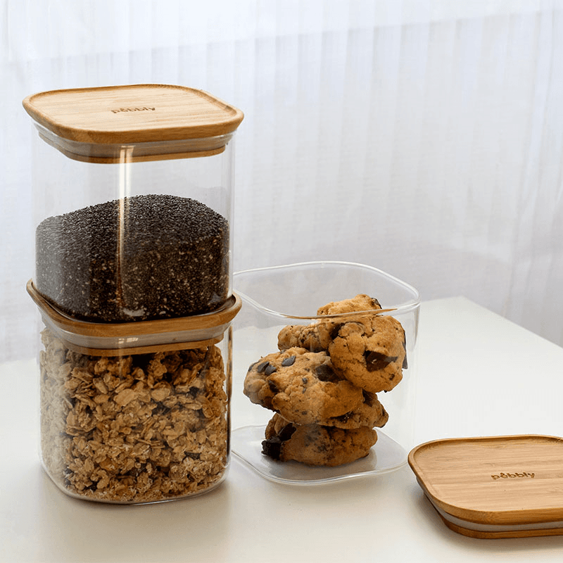 Glass Set of 3 Square Storage Containers, 800ml, Bamboo