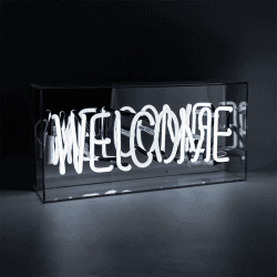 Image showing the Neon Box Welcome Glass Sign, H38 x W19cm, White product.