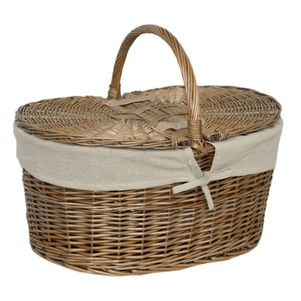 Willow Deep Antique Wash Oval Picnic Basket With Cream Lining, Brown/Cream