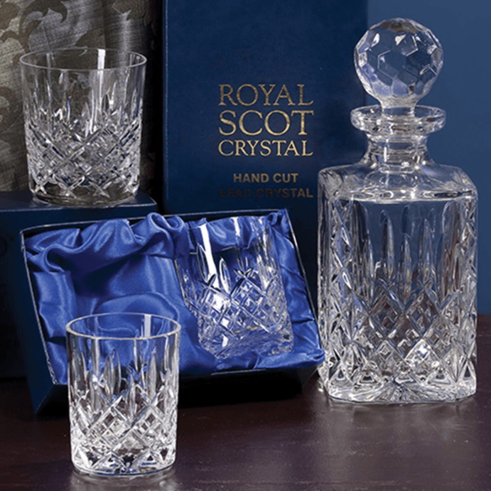 London Crystal Square Spirit Decanter and Tumblers Pair Gift Set