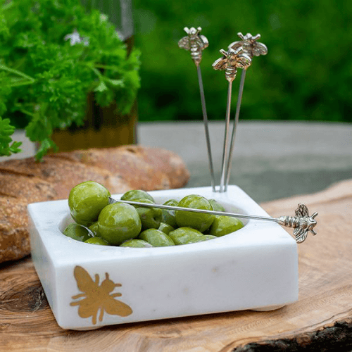 Bee Set of 4 Olive Picks and Holder, L12.5x W12.5 x H13cm, White