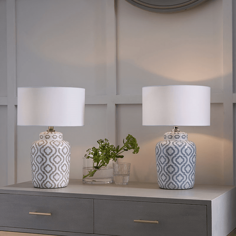 Ceiia Table Lamp With Linen Drum Shade, H24cm, Grey & White