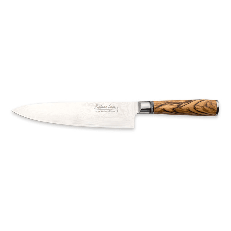 Katana Saya Olive Wood Chef's Knife, 20cm Damascus Blade
