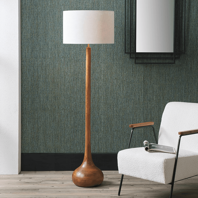Toma Floor Lamp With Linen Drum Shade, H133cm, Oiled Wood