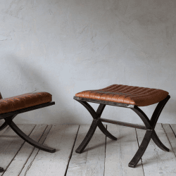 Image showing the Narwana Ribbed Leather Footstool, H39 x W40cm, Tan product.