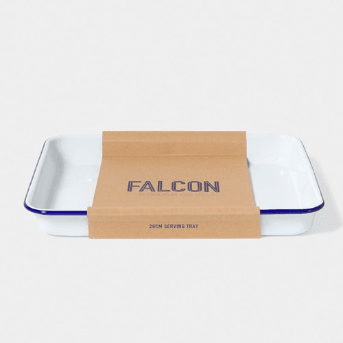 Enamel serving tray, L28 x W22 x H3.5cm, white with blue rim with blue rim