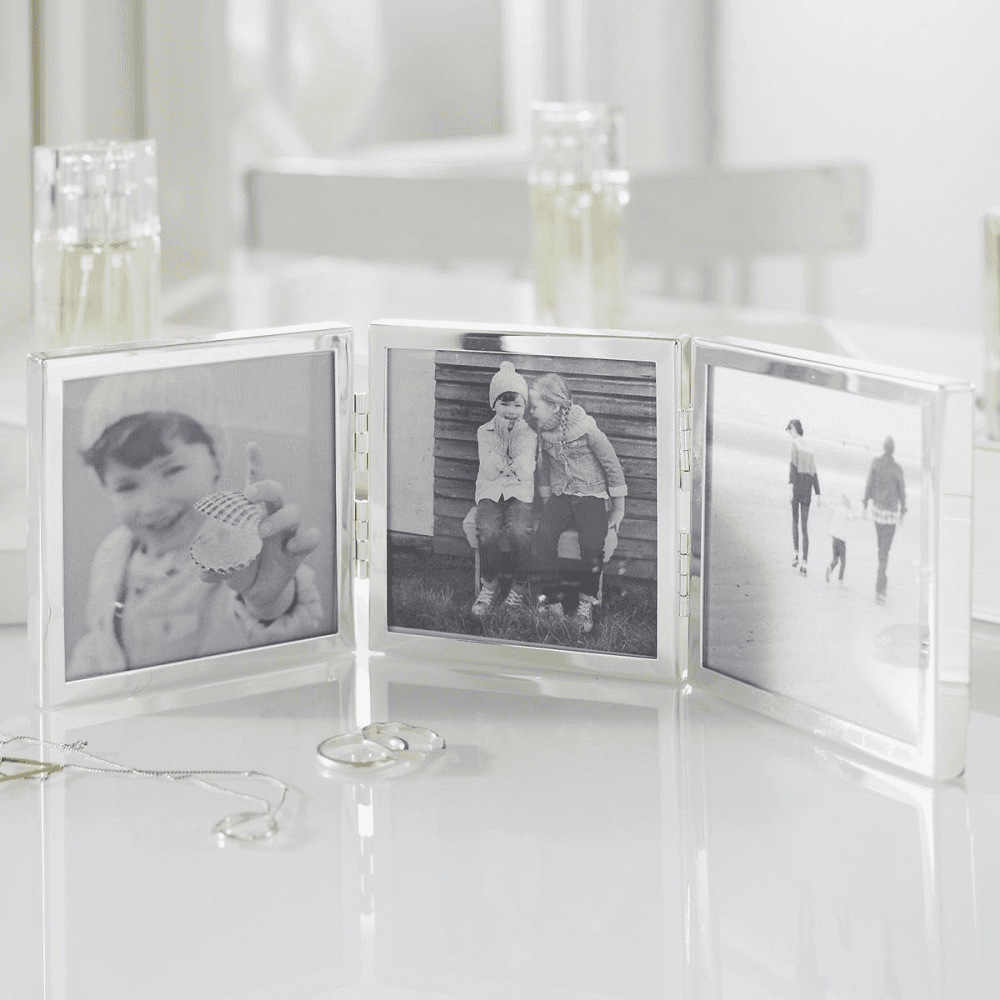 Triple Aperture Hinged photograph frame, 3 x 3", fine silver