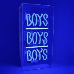 Image showing the Neon Box Boys Boys Boys Glass Sign, H19 x W38cm, Blue product.