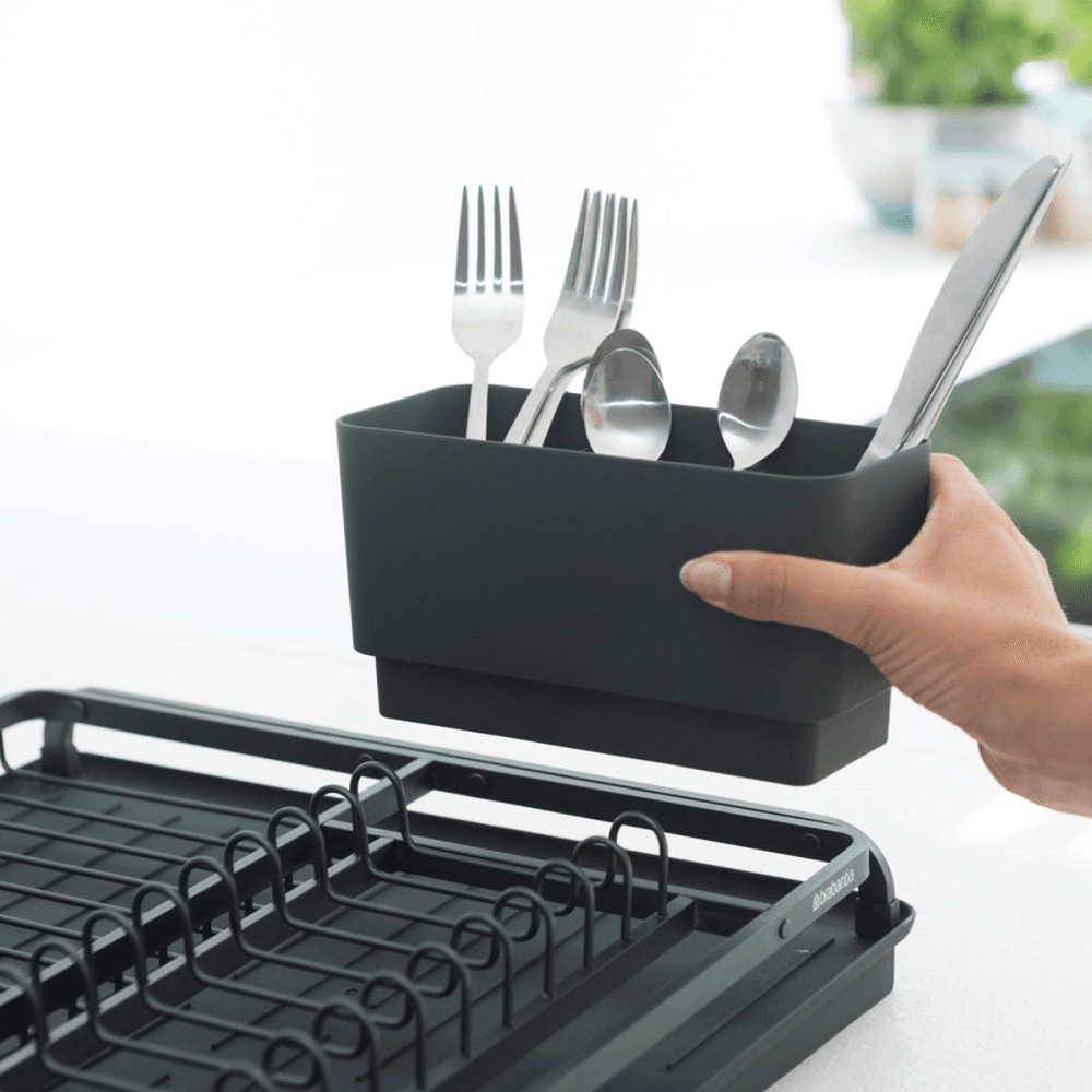 Compact dish drying rack, H12.6 x W20 x D46cm, dark grey