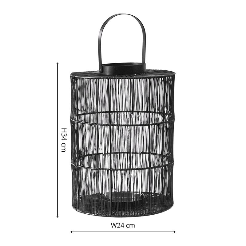 Portofino Wirework Lantern with Glass Insert, H34cm, Black