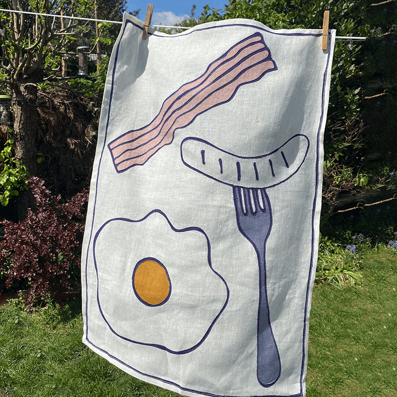 Egg & Bacon Tea Towel, 50 x 70cm, White/Blue