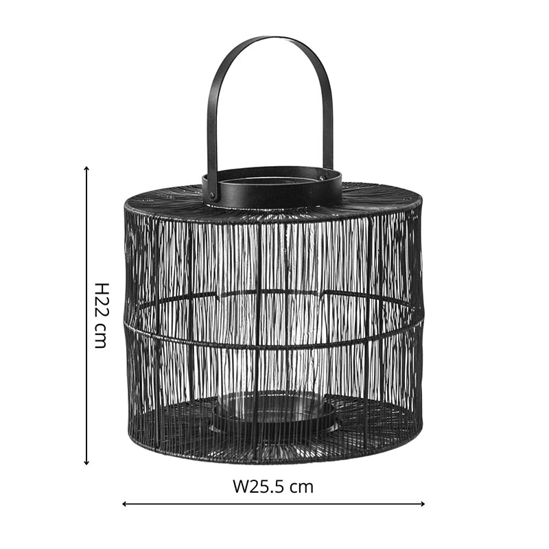 Portofino Wirework Lantern with Glass Insert, H22cm, Black