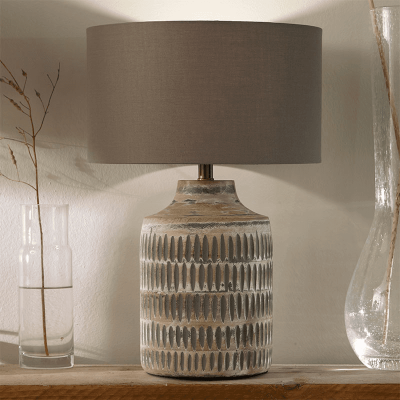 Galle Textured Table Lamp With Cylinder Shade, H33.5cm, Grey Wash Wood