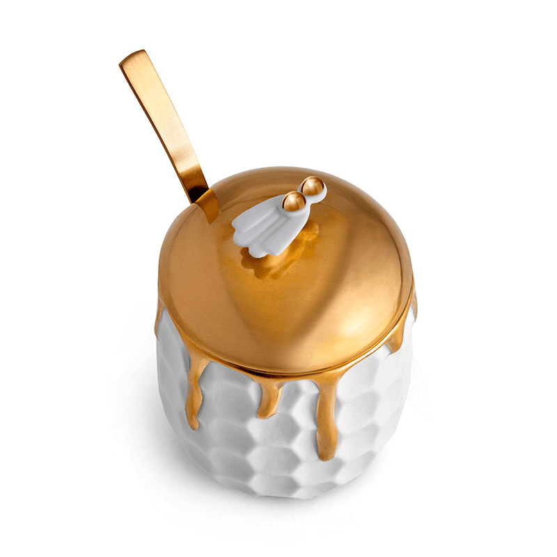 Beehive Honeypot, 230ml, White & Gold