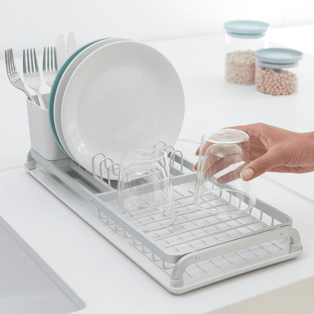 Compact Dish drying rack, H12.5 x W20 x D46cm, Light Grey